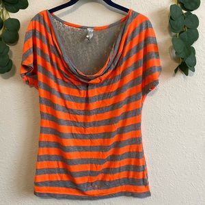 Discreet brand Orange and Gray Striped Draped Neck Short Sleeve Top